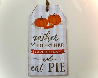 12” Wooden Pumpkin Pie Wreath Sign: Orange, Brown, & Cream
