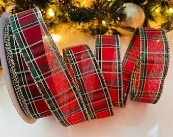 1.5” Red, Green & Gold Plaid Wired Ribbon #456 - Sold By The Yard