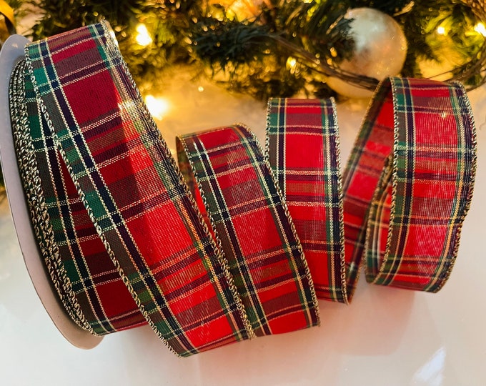 1.5” Red, Green & Gold Plaid Wired Ribbon #456 - Sold By The Yard