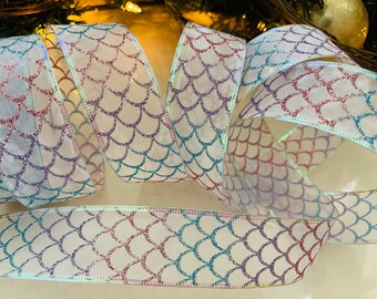 1.5" Glitter Fish Scales Pastel Wired Ribbon #11 - 10 Yard Roll