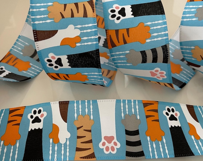 2.5” Cat Paws Wired Ribbon: Orange, Black, White, Gray, Pink, Brown, Blue