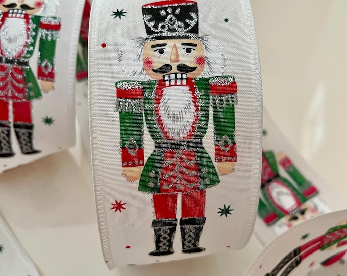 2.5” Sparkly Christmas Nutcracker Wired Ribbon: Red, Green, White, Black