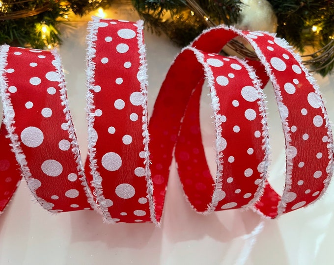 1.5" Red With White Sparkle Polka Dots Wired Ribbon #61 - Sold By The Yard