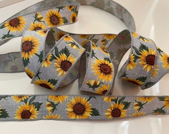 1.5” Sunflowers & Leaves Gray Linen Wired Ribbon - Sold By The Yard