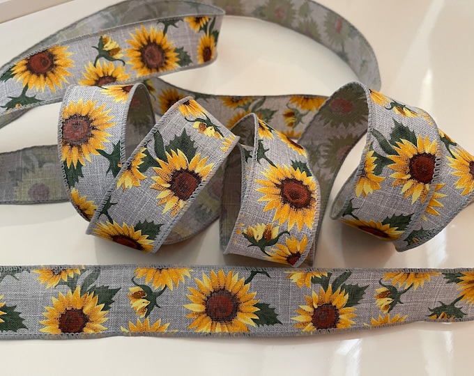 1.5” Sunflowers & Leaves Gray Linen Wired Ribbon - Sold By The Yard