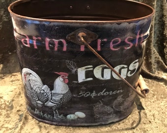 Hand Painted Metal Rooster Farm Fresh Eggs Vintage Pail