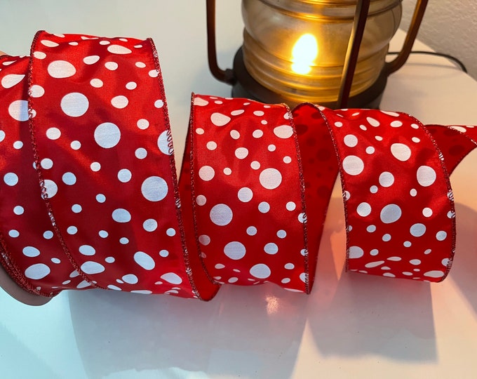 2.5” Red and White Sparkle Polka Dot Wired Ribbon #441 - Perfect for Gift Wrapping, Wreaths, Decor & Much More! - Sold By The Yard