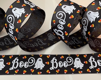 2.5” Candy Corn & Ghost Wired Ribbon: Black, White, Orange, Yellow - Sold By The Yard