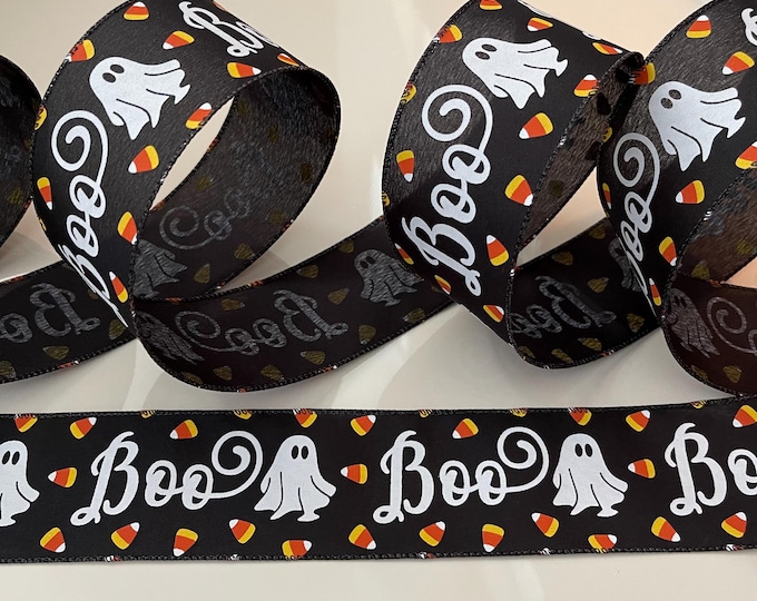 2.5” Candy Corn & Ghost Wired Ribbon: Black, White, Orange, Yellow - Sold By The Yard
