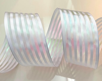 2.5” White Iridescent Stripes Wired Ribbon