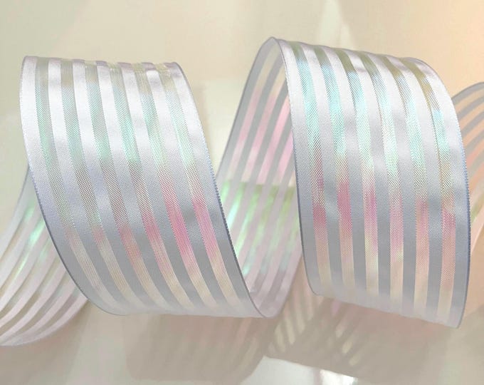 2.5” White Iridescent Stripes Wired Ribbon