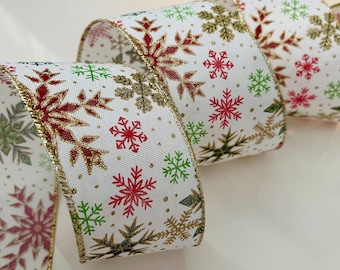 2.5” Glittery Snowflakes Wired Ribbon: Red, Green, Gold, White #643 - Sold By The Yard