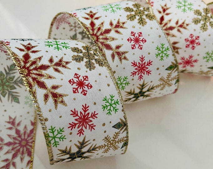 2.5” Glittery Snowflakes Wired Ribbon: Red, Green, Gold, White #643 - Sold By The Yard