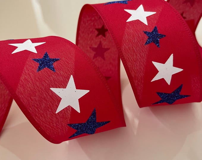 2.5” Red, White, & Blue Glitter Stars Wired Ribbon