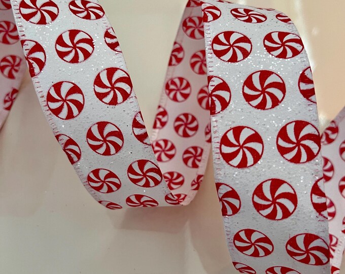 1.5” Red & White Glittery Peppermint Wired Ribbon