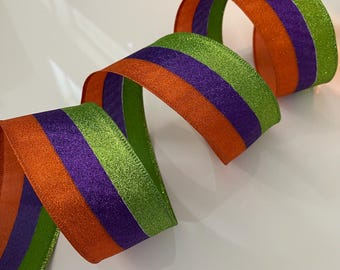 2.5” Purple, Green, & Orange Glitter Stripes Wired Ribbon - Sold By The Yard