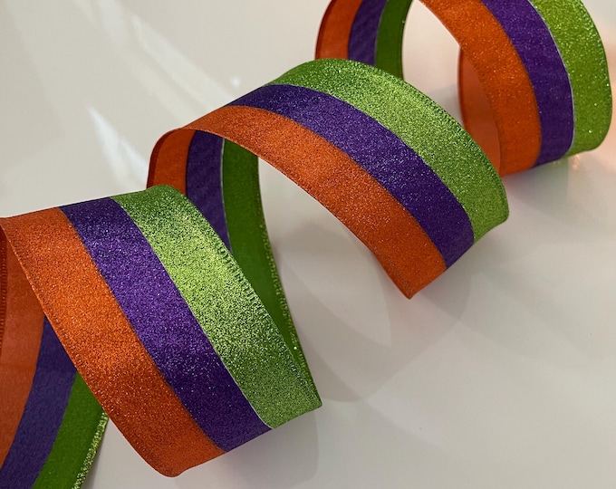2.5” Purple, Green, & Orange Glitter Stripes Wired Ribbon - Sold By The Yard