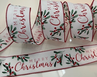 2.5” Merry Christmas Holly Berry Wired Ribbon: Red, Green, White