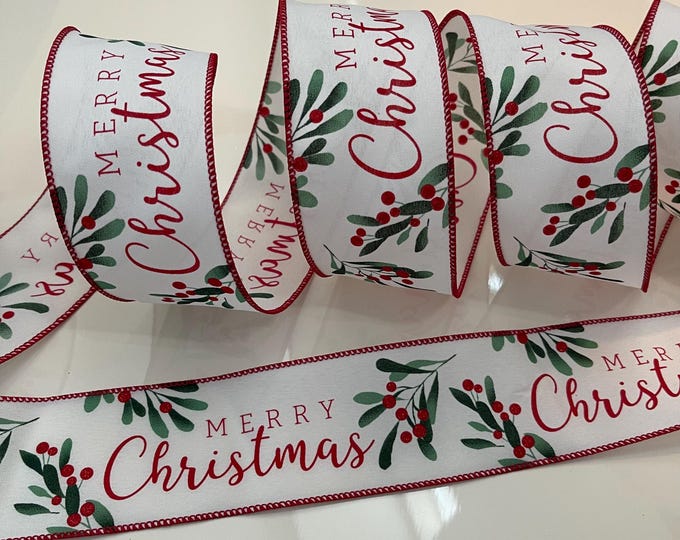2.5” Merry Christmas Holly Berry Wired Ribbon: Red, Green, White