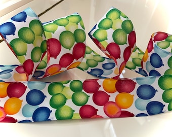 2.5” Colorful Birthday Balloons Wired Ribbon: Red, Blue, Green, Orange #574 - Sold By The Yard