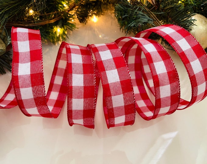1.5” Red & White Plaid Wired Ribbon #772 - Sold By The Yard