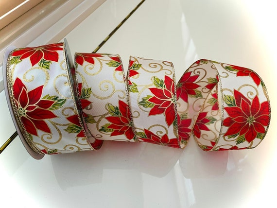 Poinsettia Red and Gold Wired Ribbon, 2-1/2 x 10 Yards