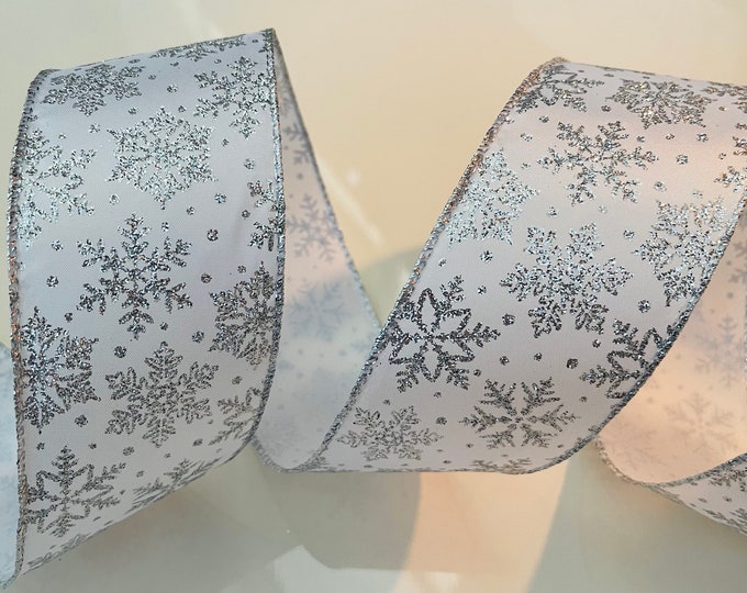 2.5” Silver & White Sparkly Snowflake Wired Ribbon #494 - Sold By The Yard