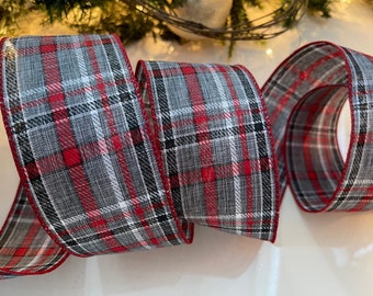 2.5” Plaid Wired Ribbon: Gray, Red, White, & Black - Sold By The Yard