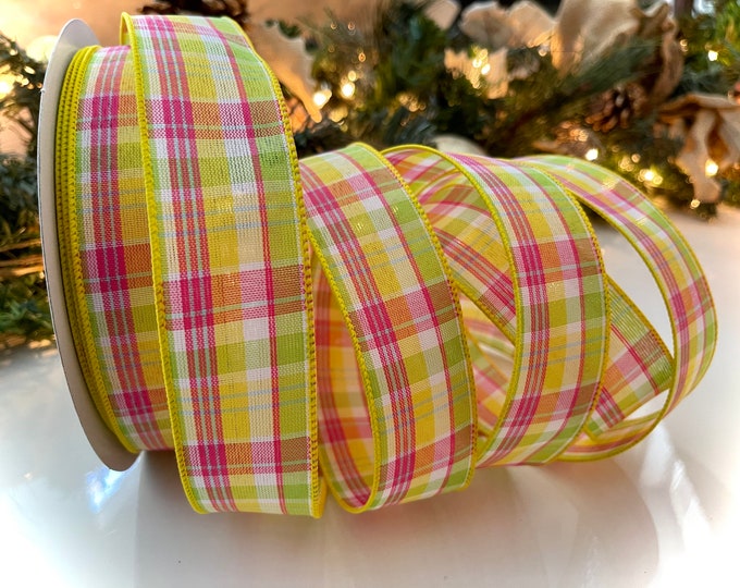 1.5” Plaid Wired Ribbon: Yellow, Pink & Green #3035 - Sold By The Yard