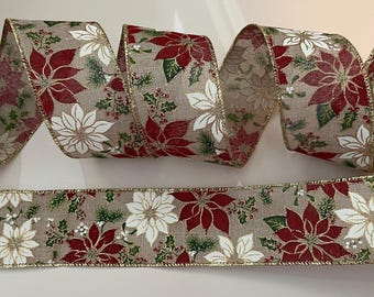2.5” Red & White Poinsettia Wired Ribbon