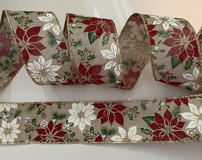 2.5” Red & White Poinsettia Wired Ribbon