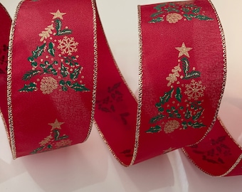 2.5” Sparkly Christmas Tree Wired Ribbon: Red, Green, Gold - Sold By The Yard