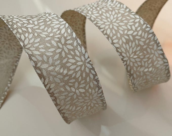1.5” Beige With White Leaves Wired Ribbon #985 - Sold By The Yard