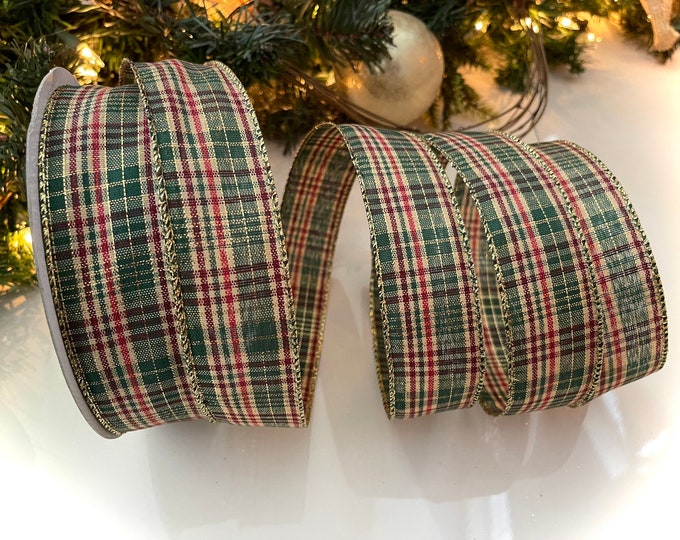1.5” Plaid Wired Ribbon: Green, Red, & Gold - Sold By The Yard