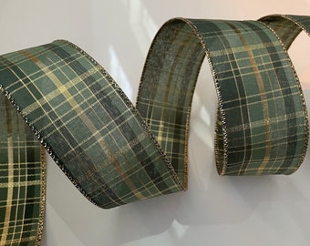 2.5” Gold & Green Plaid Wired Ribbon #472 - Sold By The Yard