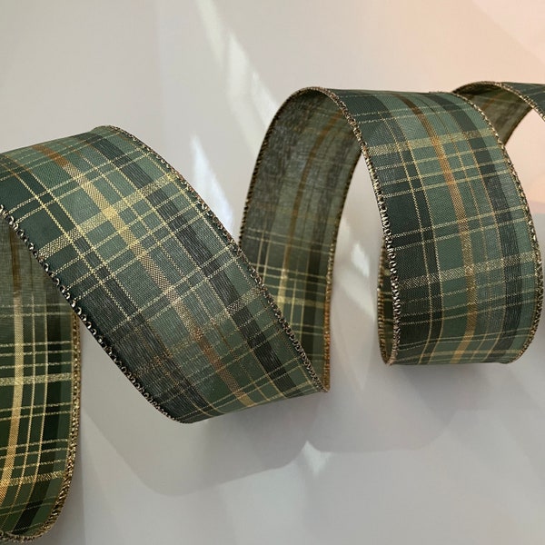 2.5” Gold & Green Plaid Wired Ribbon #472