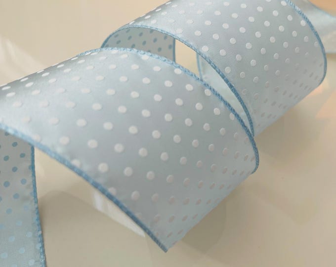 2.5" Light Blue With White Polka Dots Wired Ribbon