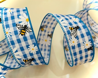 1.5” Blue and White Gingham, Bumblebees & Daisies Wired Ribbon: - Sold By The Yard