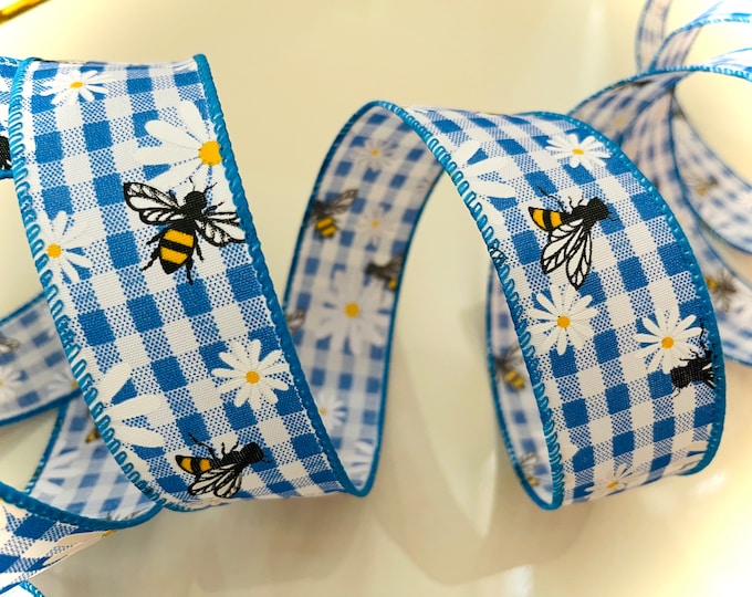 1.5” Blue and White Gingham, Bumblebees & Daisies Wired Ribbon: - Sold By The Yard