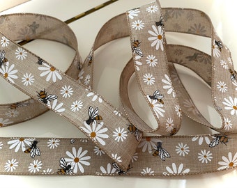 1.5” Beautiful Bumblebees & Daisies Wired Ribbon: Yellow, White, Beige #717 - Sold By The Yard