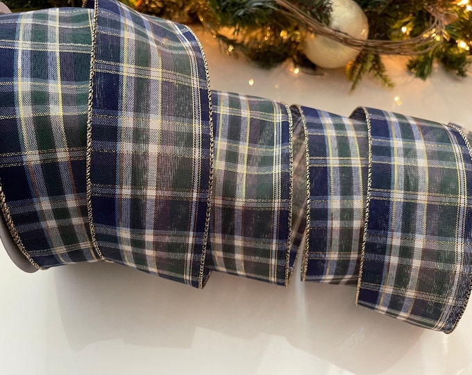 2.5” Blue, Green, and Gold Plaid Wired Ribbon - Perfect for Gift Wrapping, Wreaths, Decor & Much More!