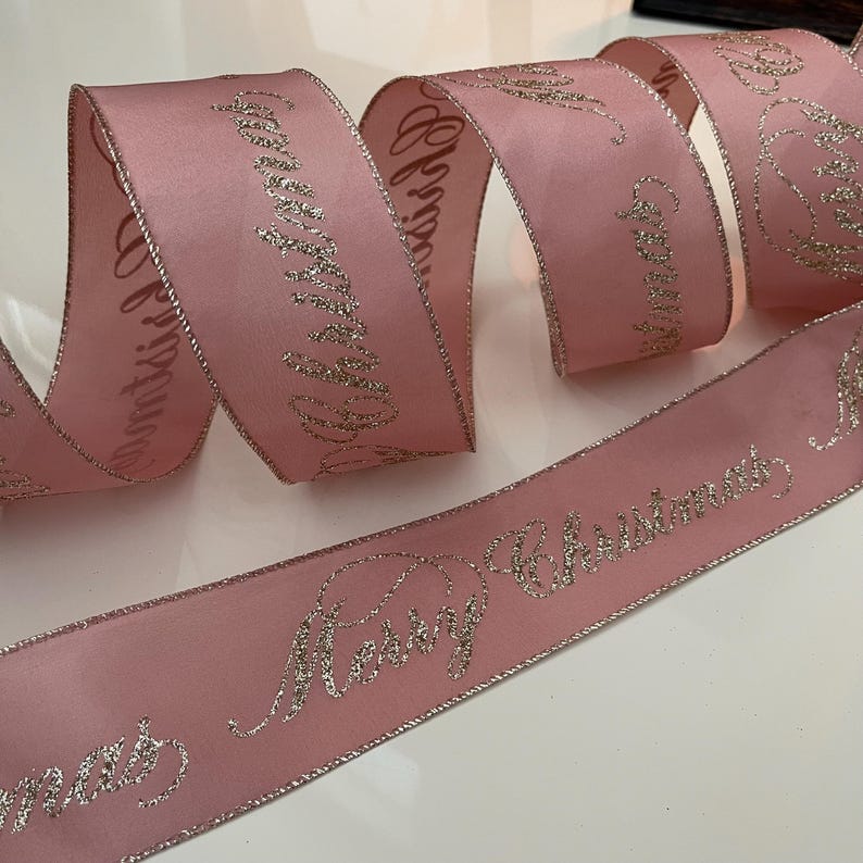 Pink Ribbon Xmas 2.5” Rosy Pink With Gold Glitter Merry Christmas Wired Ribbon - Etsy