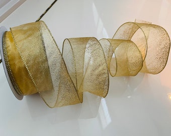 2.5” Sheer Shimmer Gold Wired Edge Ribbon #804 - Sold By The Yard