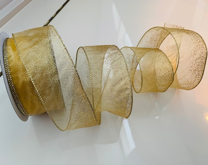 2.5” Sheer Shimmer Gold Wired Edge Ribbon #804 - Sold By The Yard