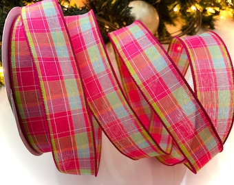 1.5” Plaid Wired Ribbon: Fuchsia, Aqua & Green #3047 - Sold By The Yard
