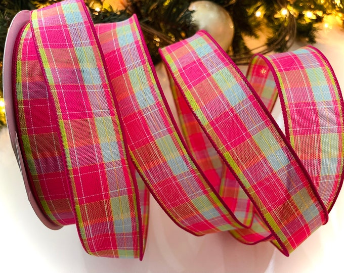 1.5” Plaid Wired Ribbon: Fuchsia, Aqua & Green #3047 - Sold By The Yard