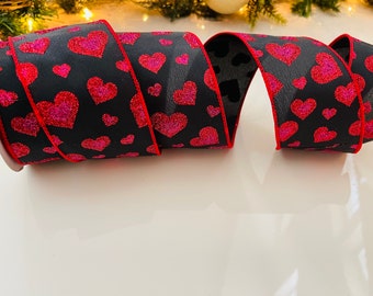 2.5" Black & Red Ombré Sparkle Heart Wired Ribbon #201 - Sold By The Yard