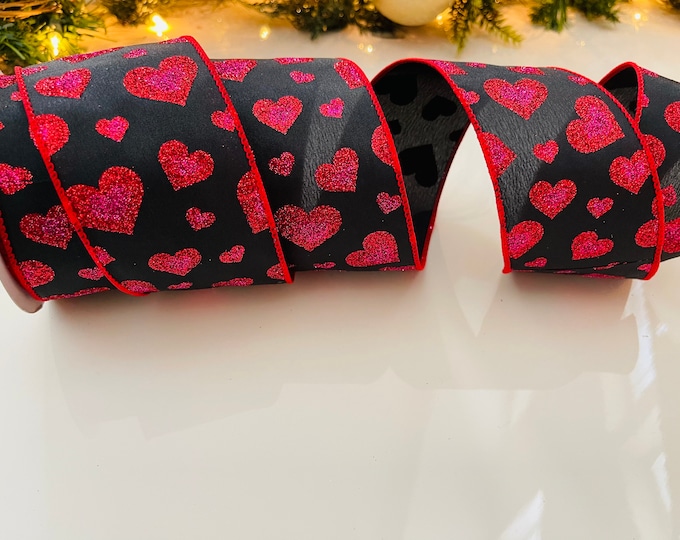 2.5" Black & Red Ombré Sparkle Heart Wired Ribbon #201 - Sold By The Yard