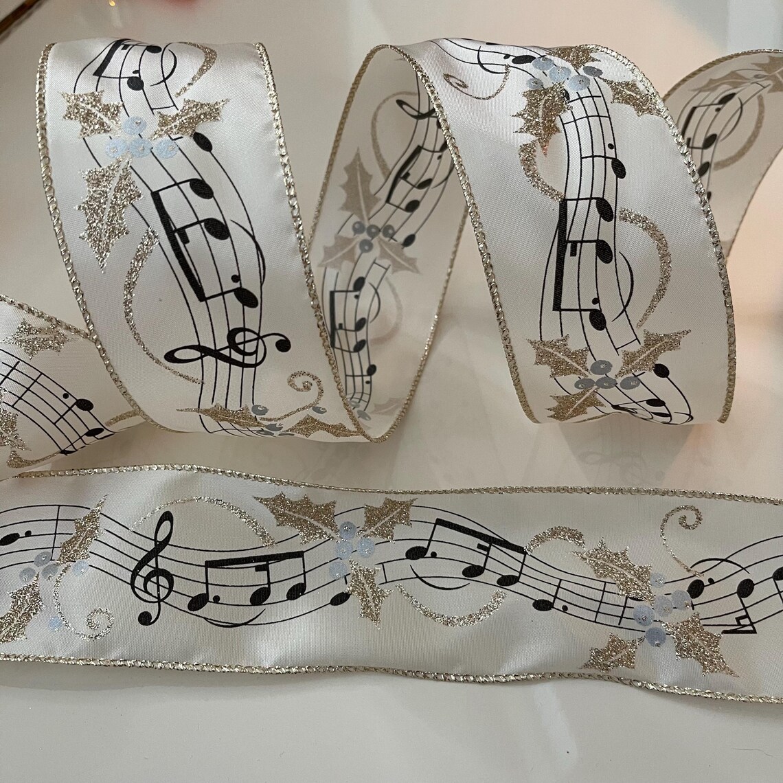 Music Note Ribbon Pattern 2.5” Music Note Wired Ribbon: Glittery Gold, Black, Cream #909 - Sold ...
