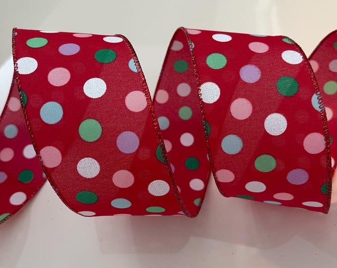 2.5” Christmas Polka Dots Wired Ribbon: Red, Green, Purple, Pink, Glitter White